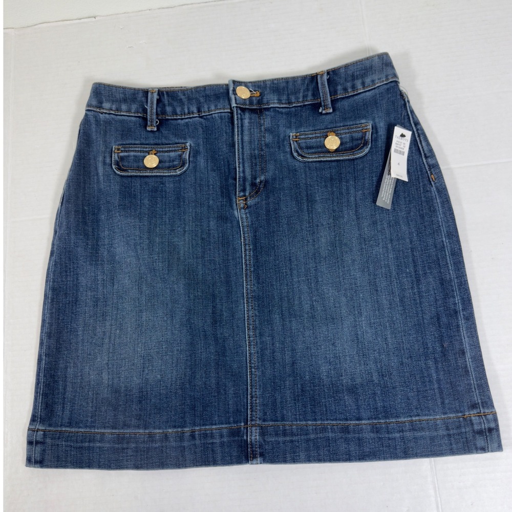 Talbots Denim Mini Skirt Womens 4 Adelaide Wash Gold Button Flap Pockets Preppy